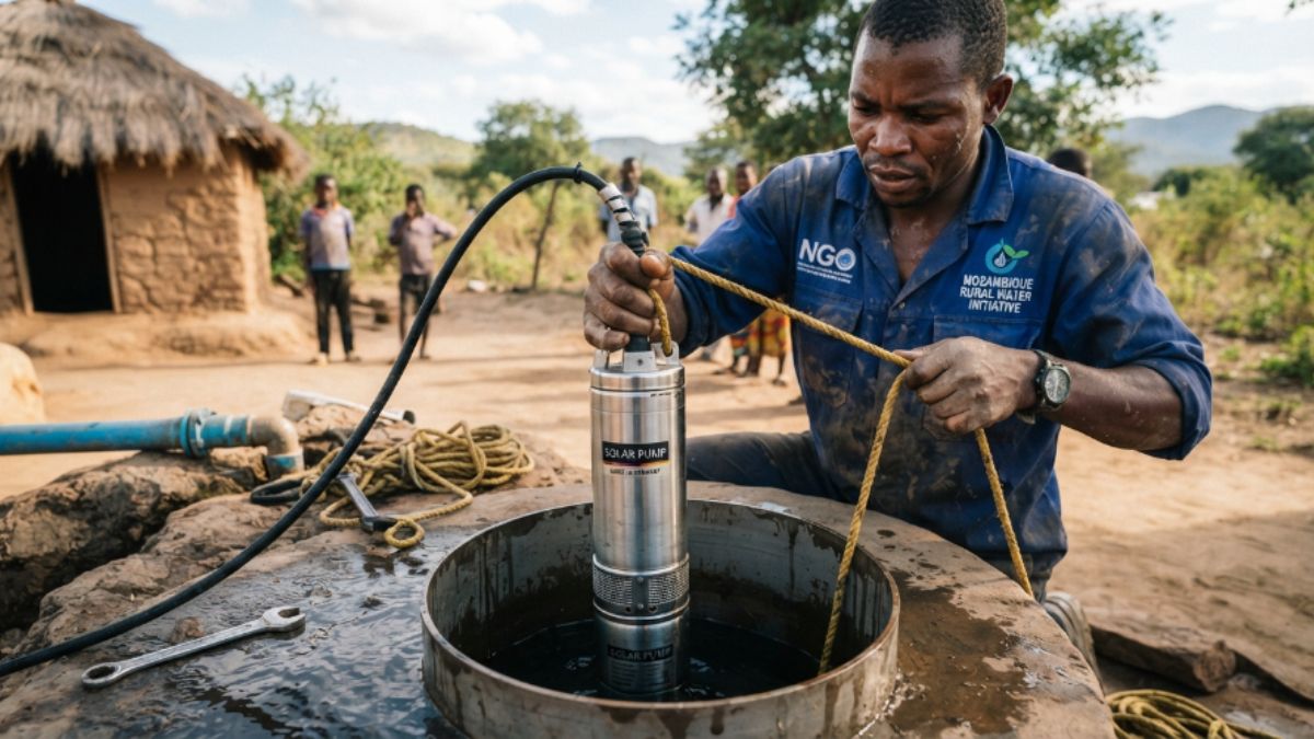 Uma bomba solar submersível sendo baixada em um poço, técnico trabalhando