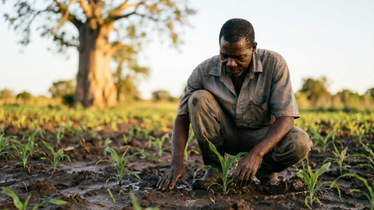 Agricultor plantando milho na sua machamba em um solo humido
