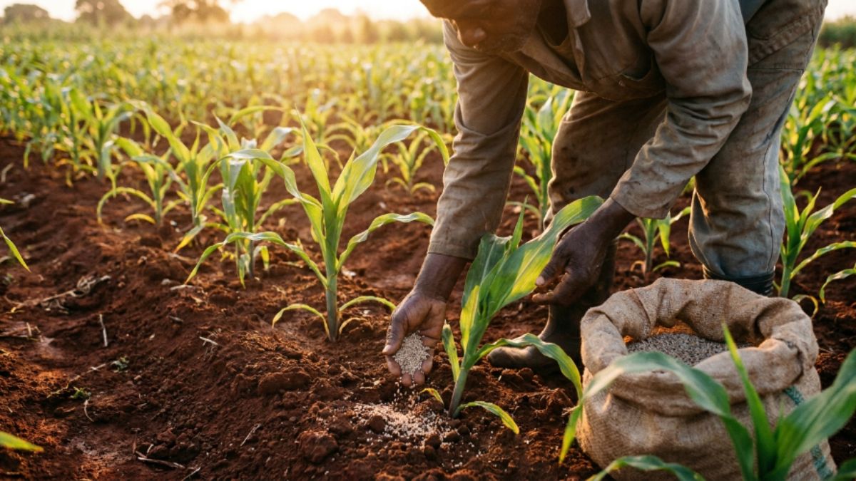 Mãos aplicando adubo quimico ao solo proximo a planta de milho