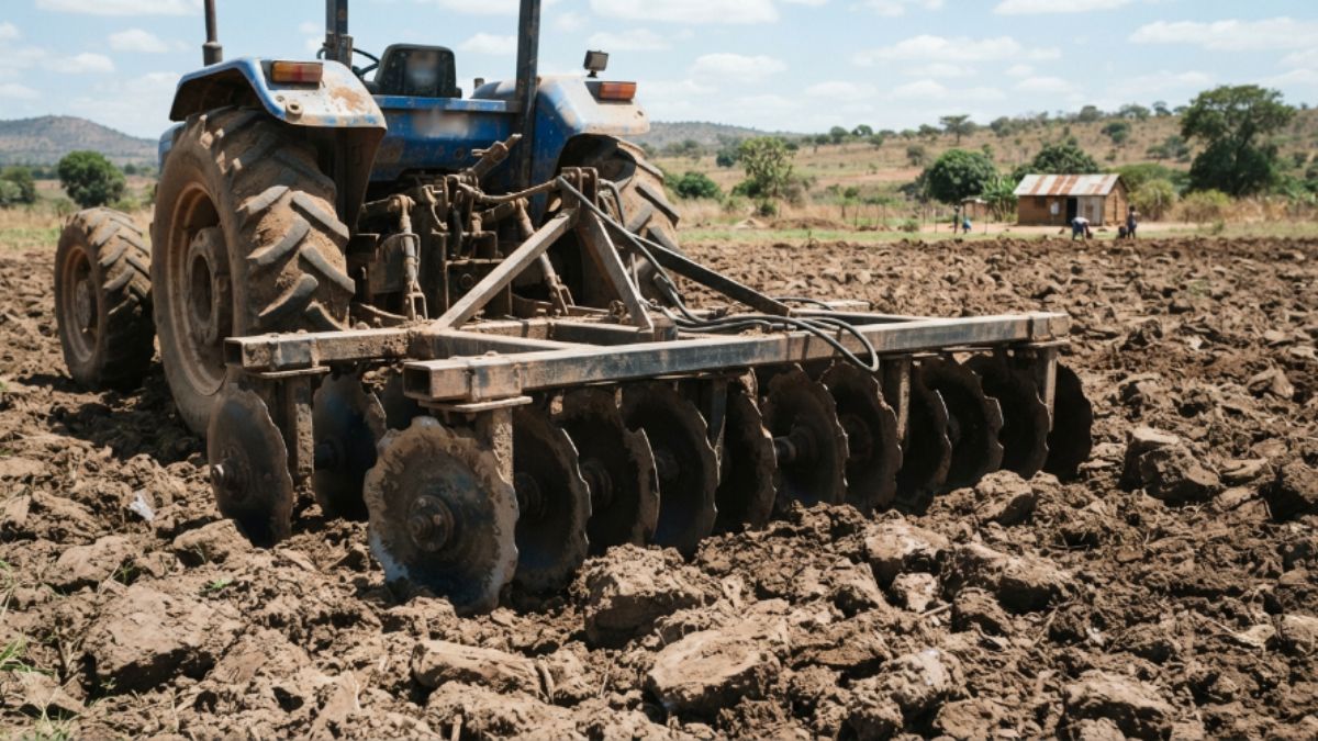 uma grade de discos acoplada a um tractor, parada num campo já lavrado com torrões visíveis por quebrar