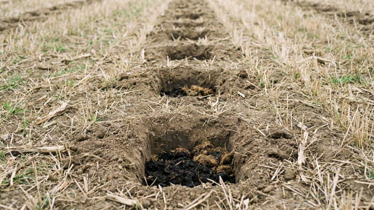 covachos (pequenos buracos) abertos em linhas organizadas numa machamba, com um pouco de composto ou estrume visível dentro de alguns deles