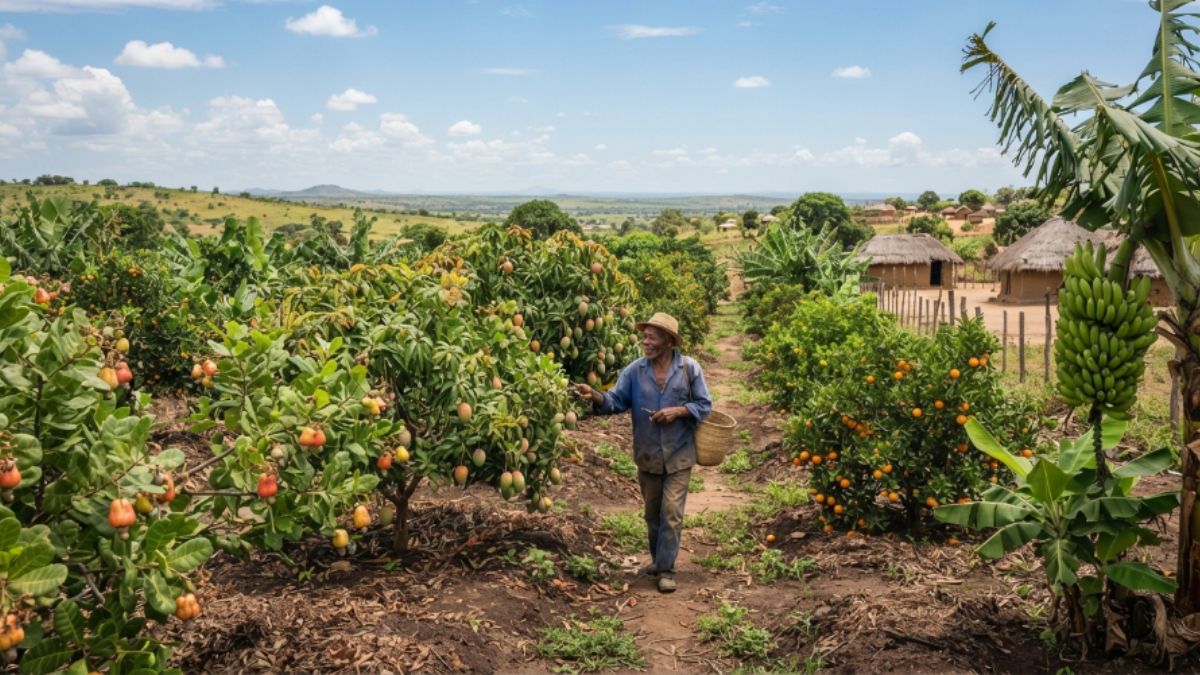 um pequeno pomar tropical diversificado em Moçambique, com cajueiro, mangueira, laranjeira e bananeira saudáveis, frutos visíveis nas árvores, agricultor caminhando e observando as plantas,