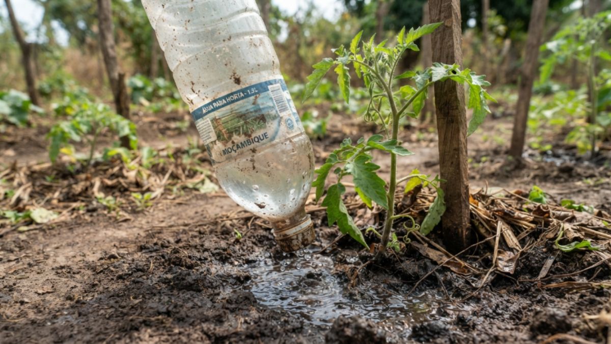 Sistema gota-a-gota caseiro feito com garrafa PET furada, junto &agrave; base de uma planta jovem.