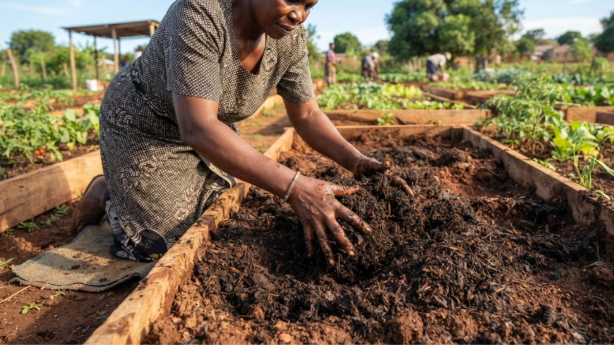 Mãos a misturar composto orgânico na terra de um canteiro recém-preparado.