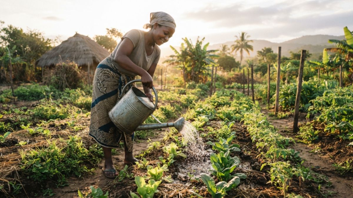 uma agricultora com regador a molhar um canteiro de hortícolas jovens ao início da manhã, luz suave.