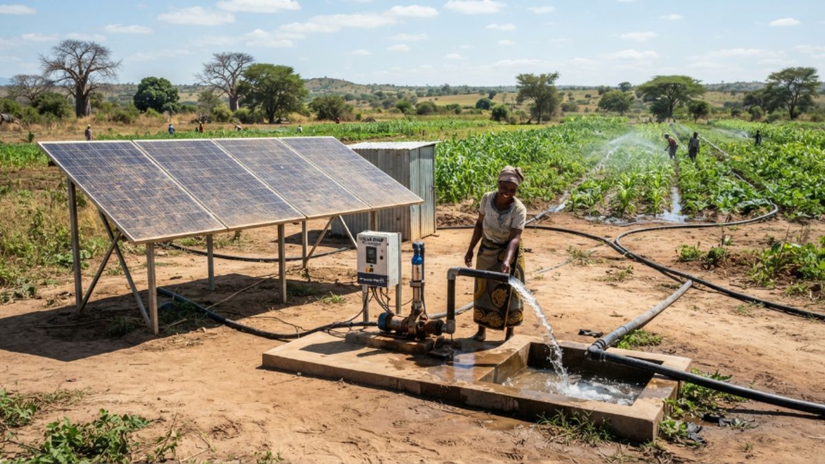 Painel solar instalado junto a uma bomba de água, com tubagem a seguir para um campo ao fundo.