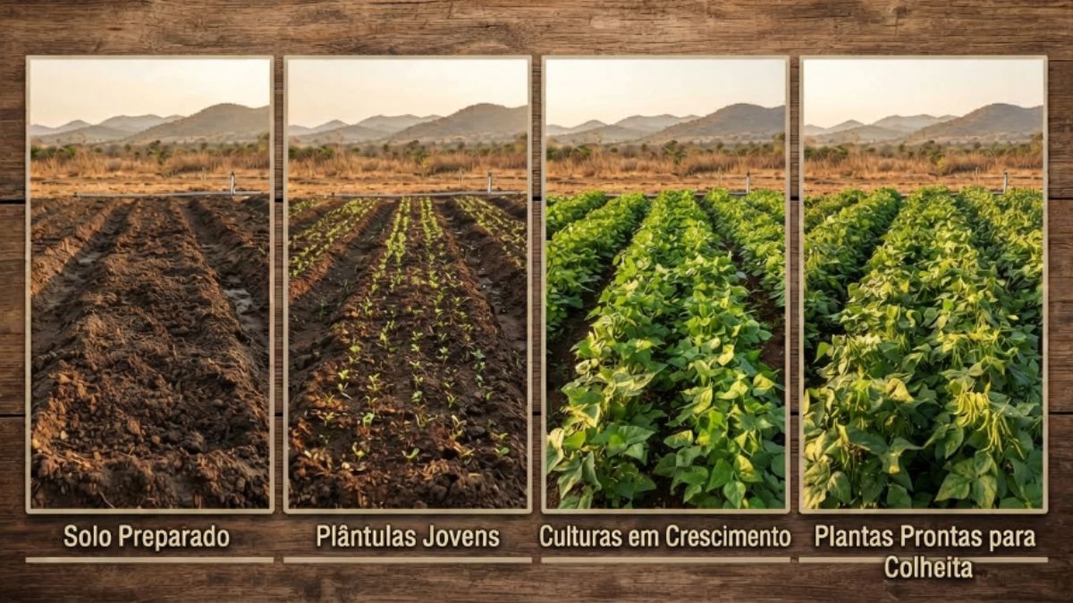 Calend&aacute;rio ou sequ&ecirc;ncia visual de esta&ccedil;&otilde;es agr&iacute;colas &mdash; solo preparado, plantas jovens, plantas em crescimento, colheita.