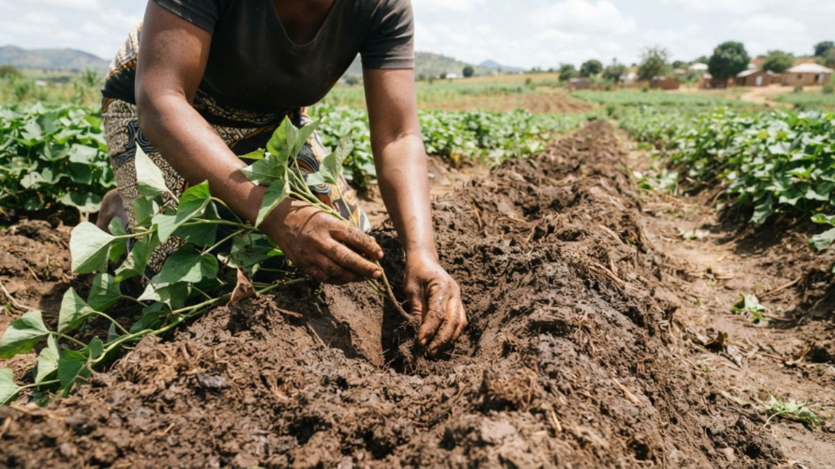 M&atilde;os a plantar uma rama de batata-doce numa leira de terra, metade enterrada.