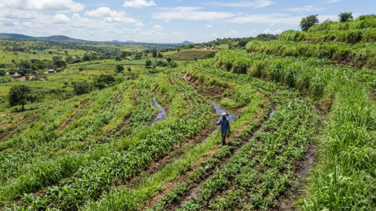 Camalhões em curva de nível e barreiras de capim numa machamba em terreno inclinado