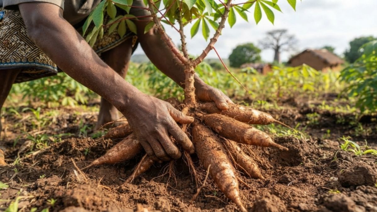 M&atilde;os colhendo mandiocas bem grandes em uma machamba