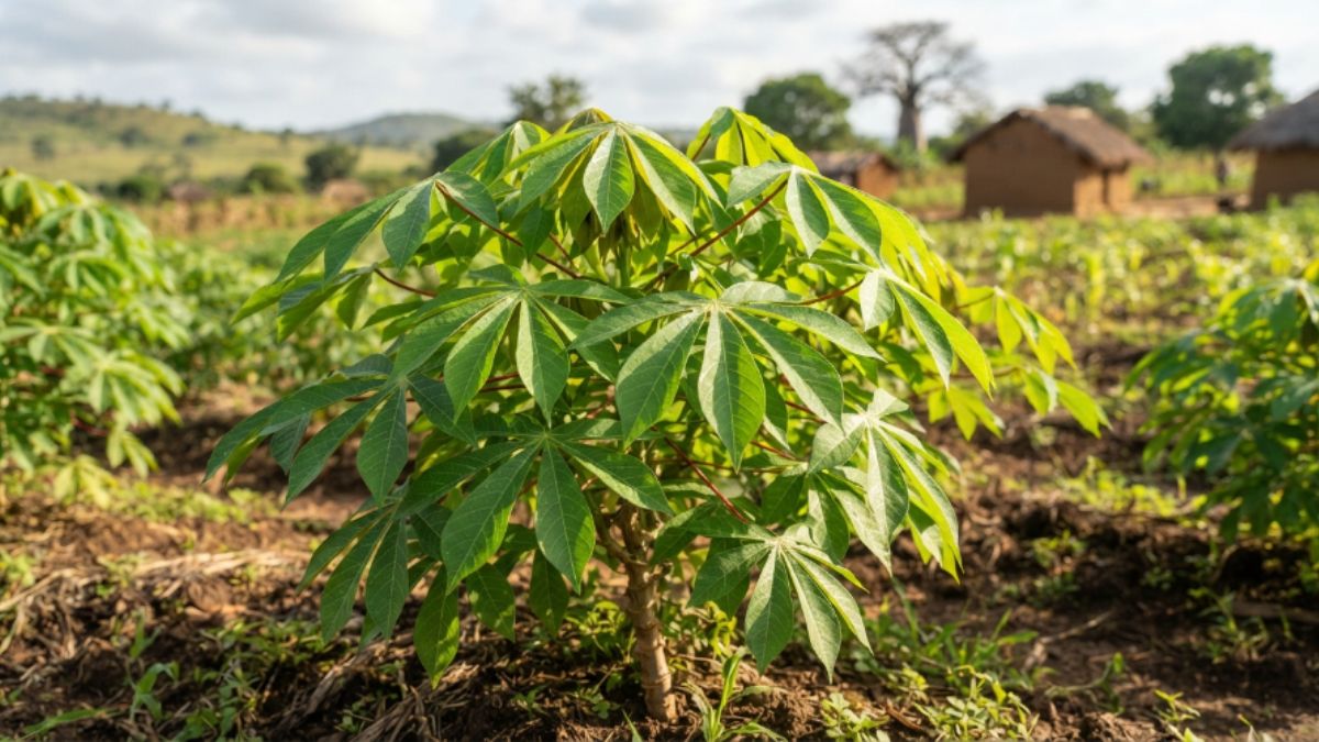 uma planta de mandioca saud&aacute;vel com folhas verdes em uma machamba