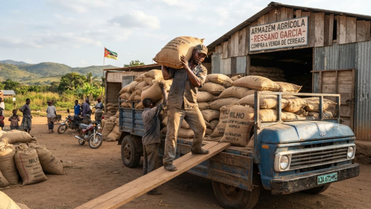 Agricultor carregando a colheita em um caminhão em um pequeno depósito
