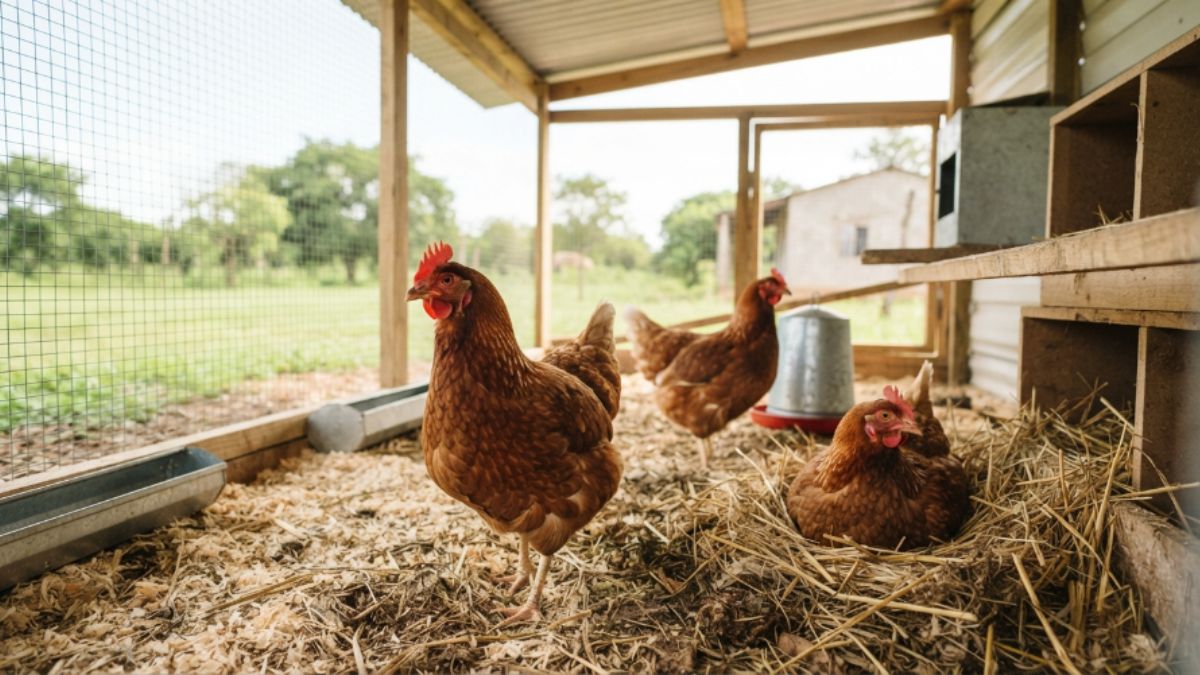 galinhas poedeiras em um galinheiro limpo e bem ventilado, luz natural