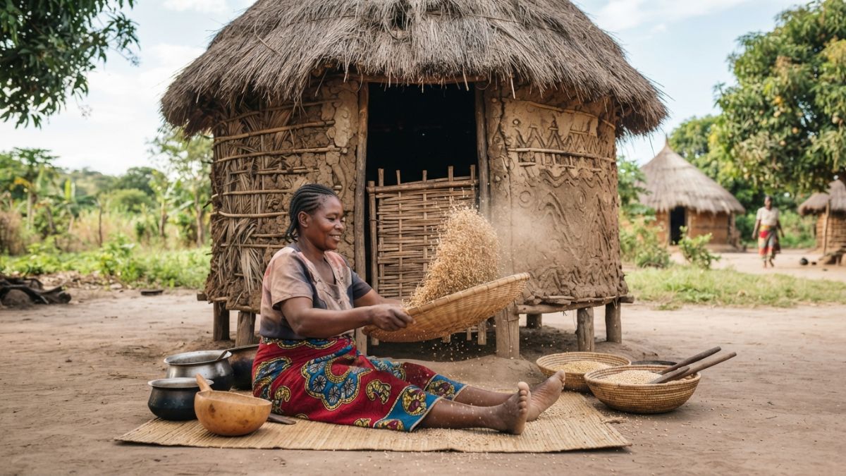 Mulher a peneirar ou a limpar grãos à entrada de um celeiro tradicional