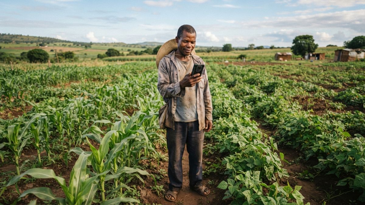 Agricultor verificando a previsão do tempo no celular enquanto está em um campo