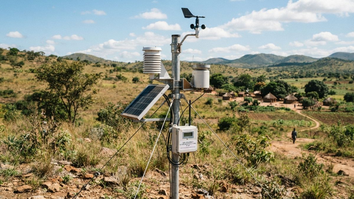 Estação de monitoramento meteorológico em uma paisagem rural