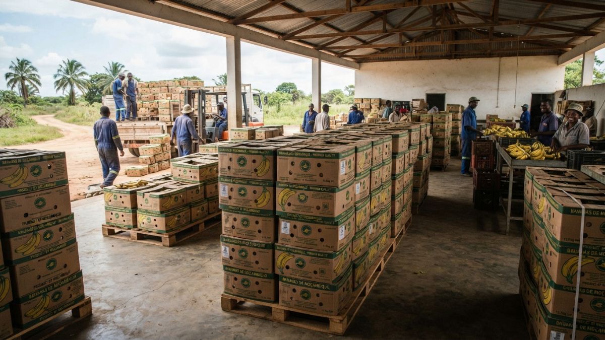 Caixas de banana embaladas e prontas para exportação, empilhadas numa unidade de processamento simples.