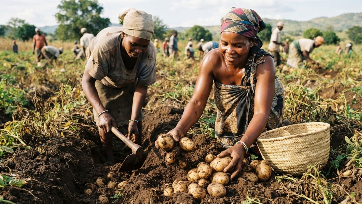 Agricultores colhendo batatas manualmente em um campo