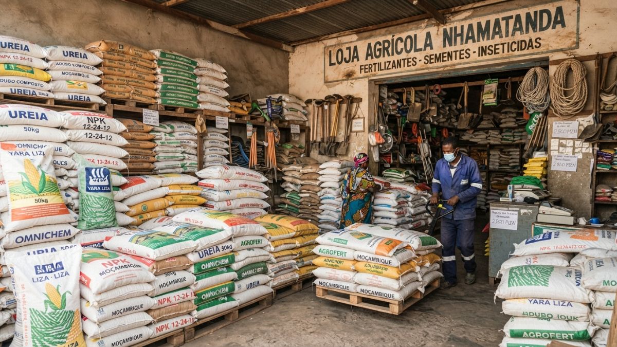 Sacos de fertilizante empilhados em uma loja de insumos agrícolas