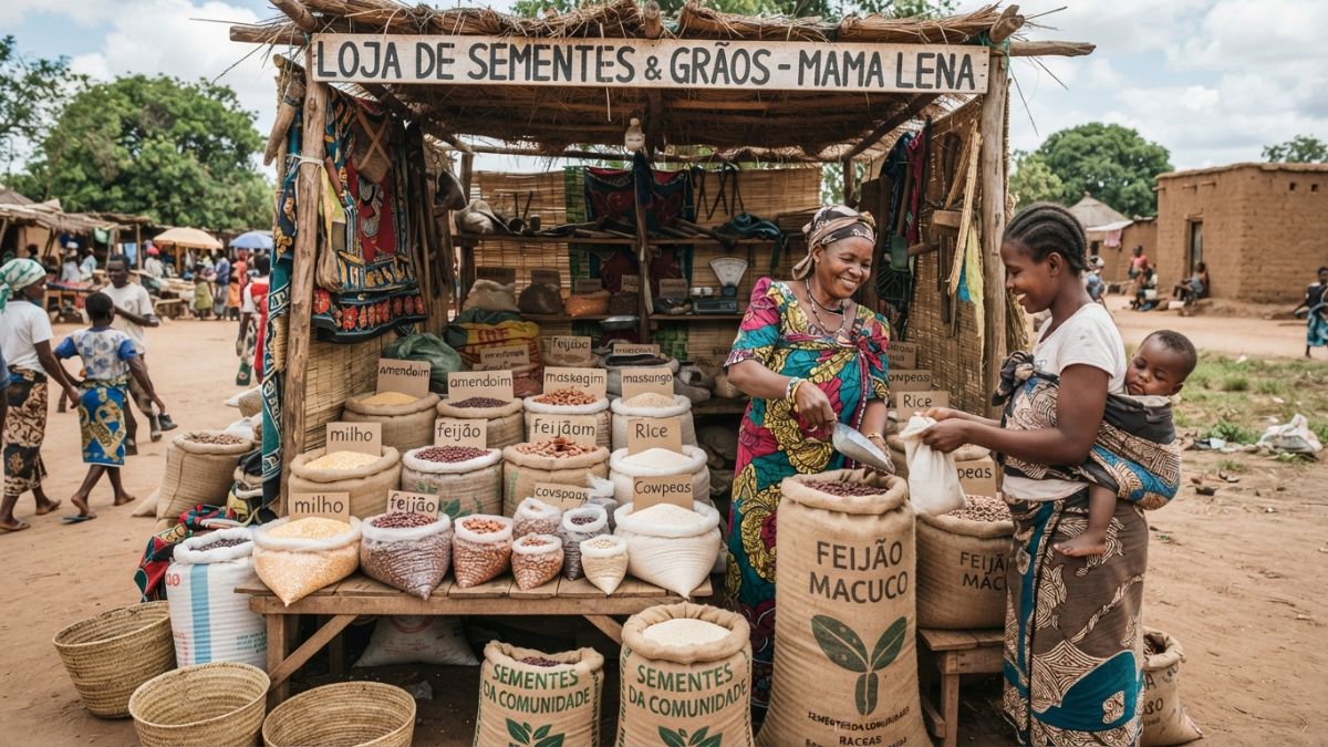 Banca de vendedor rural de sementes com sacas de grãos e sementes