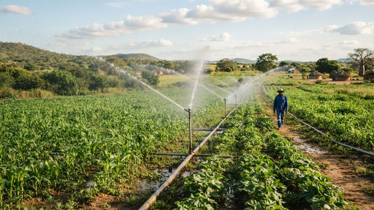 Irrigação por aspersão pulverizando água sobre uma lavoura, zona rural de Moçambique