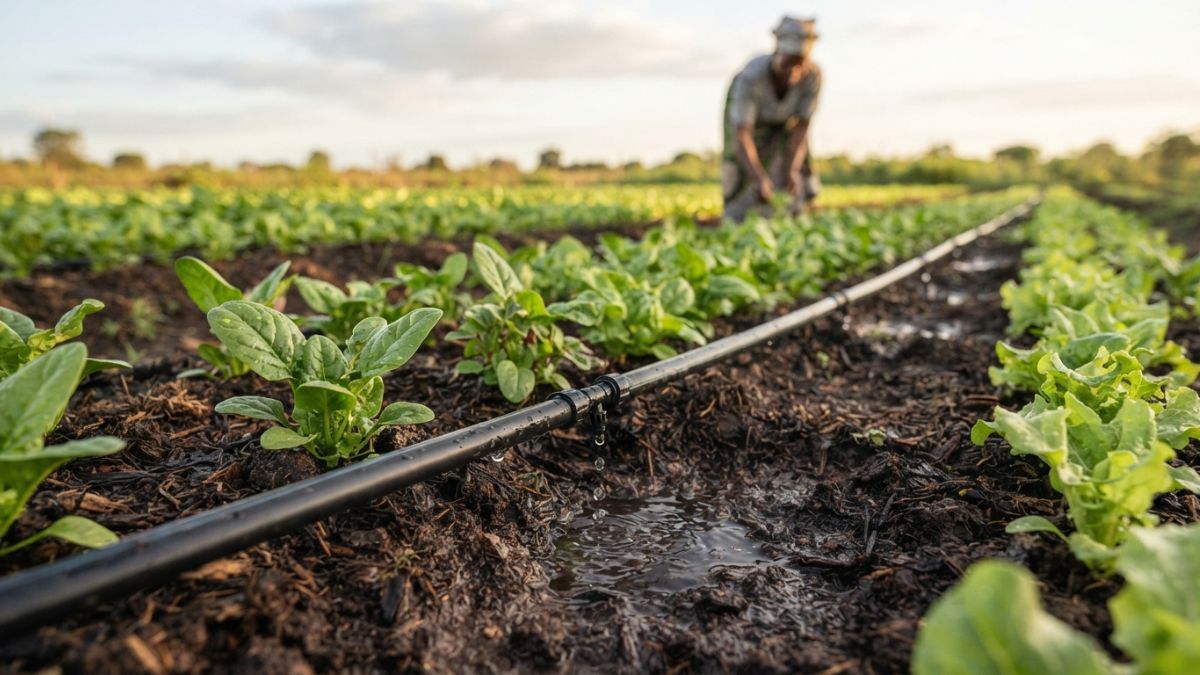 Linhas de irrigação por gotejamento irrigando fileiras de hortaliças