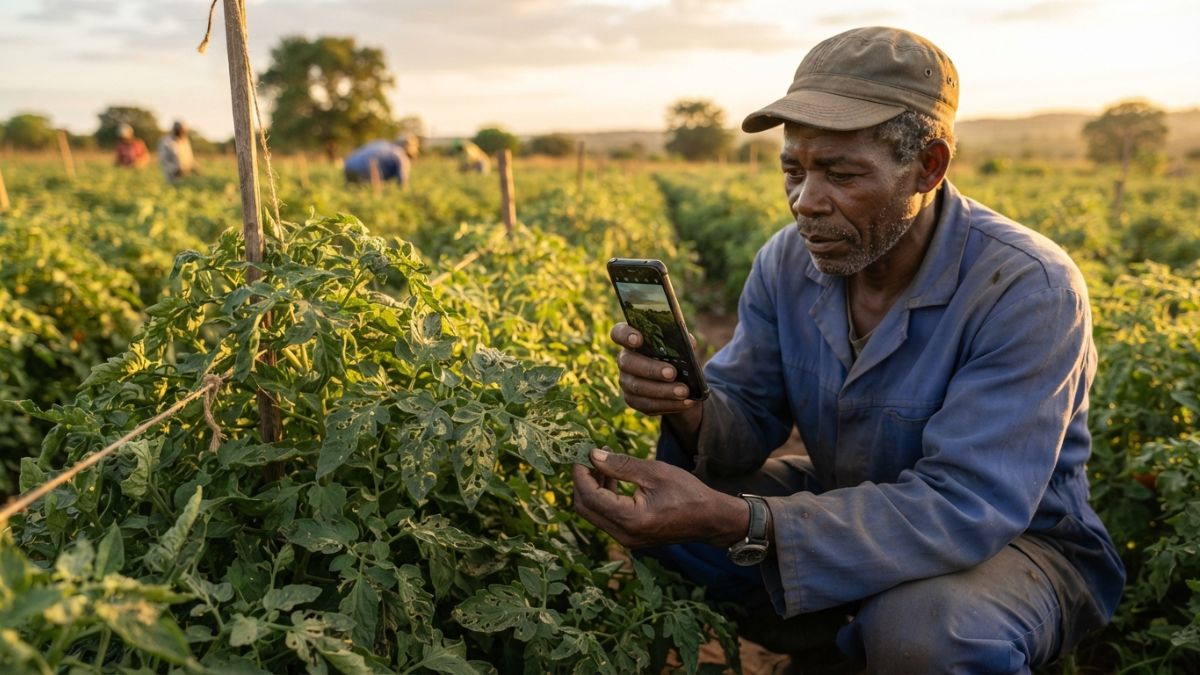 agricultor a identificar praga com o telemóvel