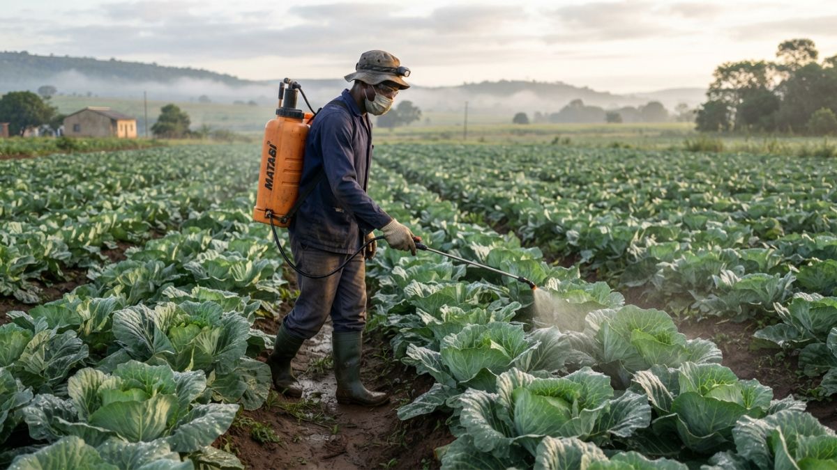 agricultor com equipamento de protecção a usar pulverizador costal.
