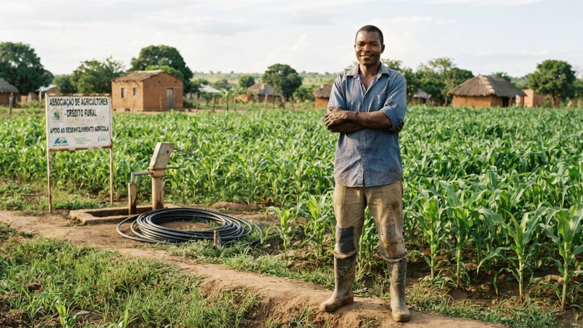 Agricultor de pequena escala posando com orgulho diante de um campo modesto e bem cuidado, representando o acesso ao crédito para pequenos produtores