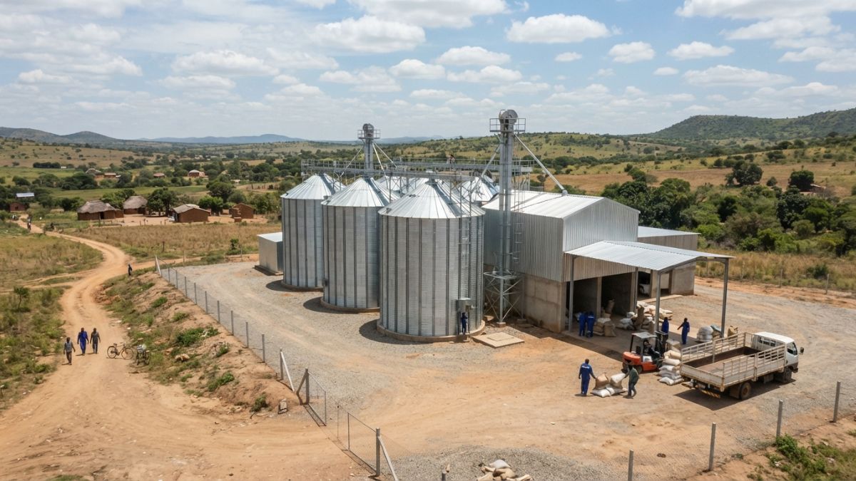 Plano aberto do exterior de uma instalação moderna de armazenamento de grãos, com silos visíveis, em uma área rural de Moçambique