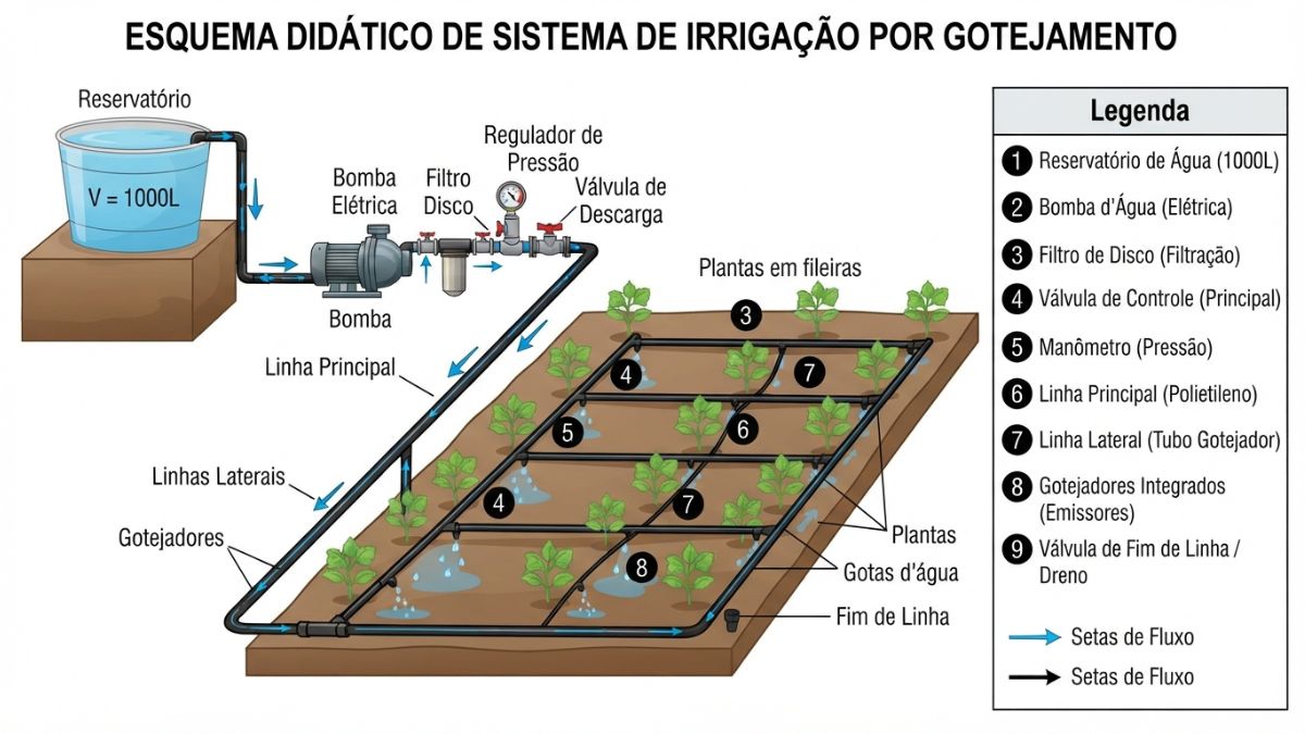 Esquema didáctico dos componentes de sistema de irrigação por gotejamento