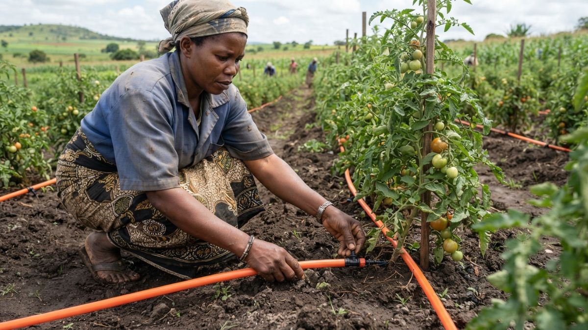 Agricultor moçambicano a instalar linha lateral de gotejamento entre filas de tomate, tubagem laranja visível ao nível do solo, mãos em destaque a posicionar o gotejador junto às plantas.