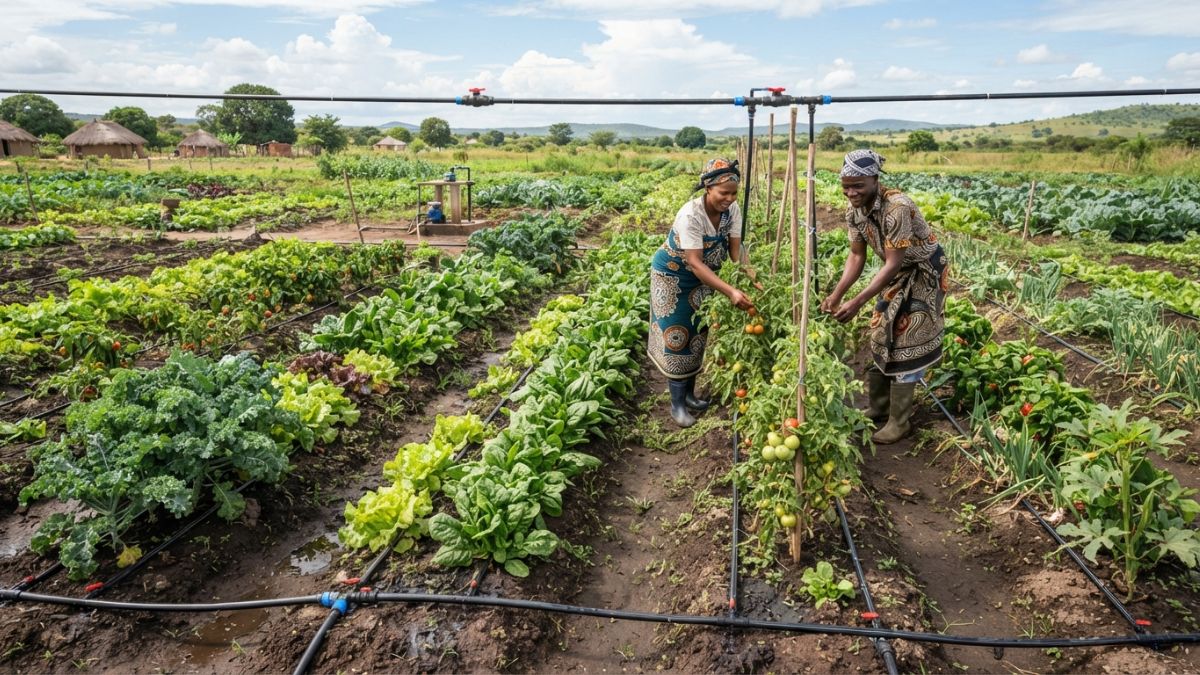 Campo de hortícolas variados com sistema de gotejamento instalado, diferentes linhas laterais por fila de plantação, plantas verdes e saudáveis, contexto de produção diversificada moçambicana.