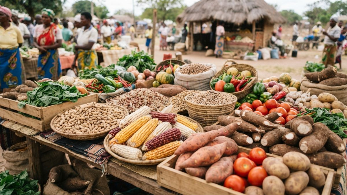 Variedade colorida de produtos agrícolas colhidos (grãos, tubérculos, hortaliças) dispostos para exposição em uma feira rural