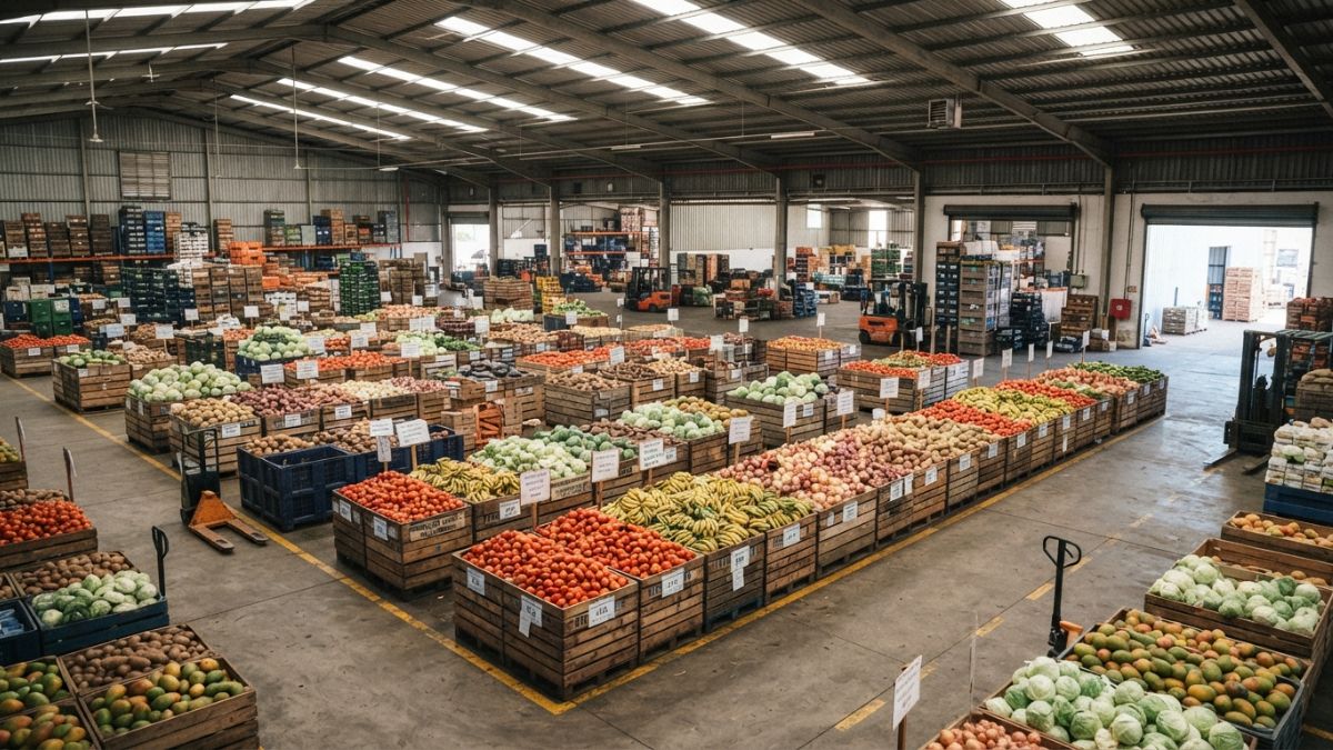 Interior de armazém com lotes de produtos agrícolas organizados e etiquetados, prontos para comercialização formal