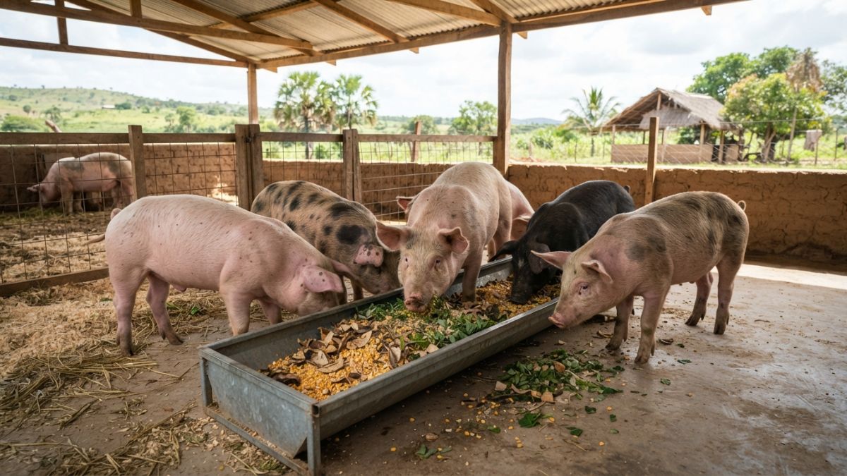 su&iacute;nos a comer milho e sub-produtos agr&iacute;colas. 