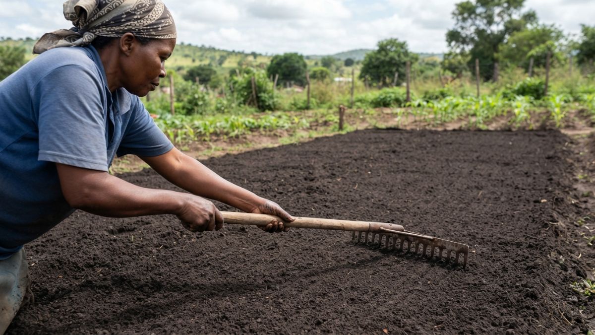 Agricultora com um ancinho nivelando terra fina para preparar um canteiro de semeadura profundo e plano