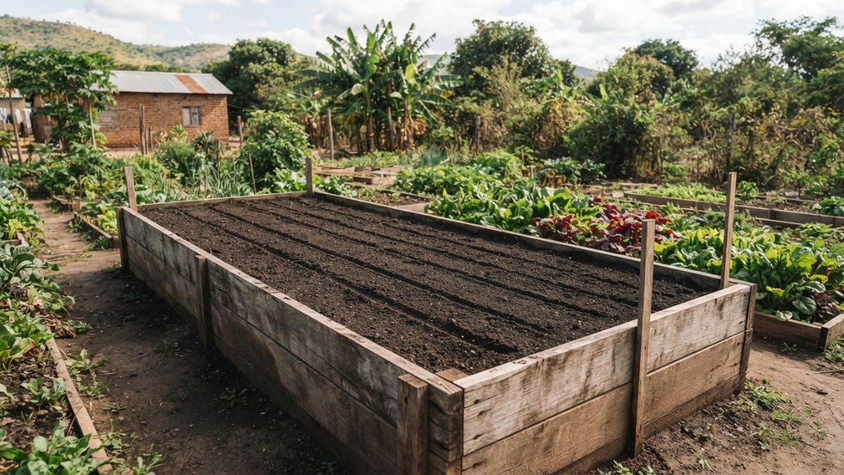Canteiro elevado preenchido com terra fina e livre de pedras, pronto para a sementeira
