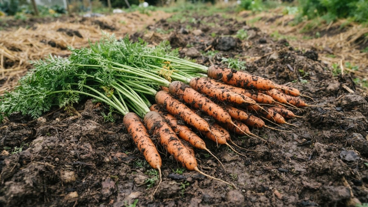 Cenouras recém-colhidas ainda com terra, raízes retas e bem formadas, dispostas sobre solo escuro
