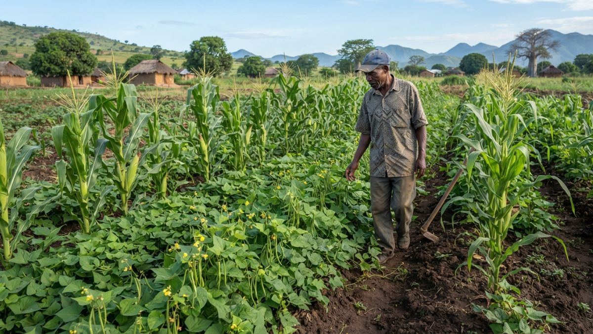 Agricultor moçambicano a observar a machamba, disposição natural e organizada das três culturas consorciadas, solo agrícola bem preparado