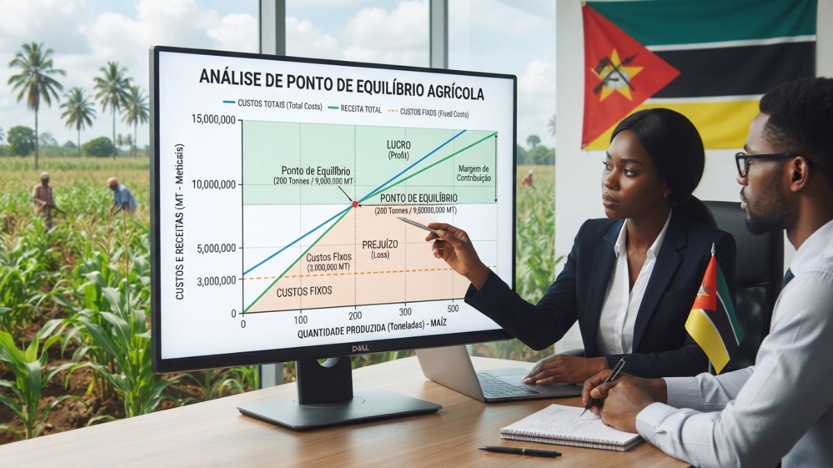 Gráfico de ponto de equilíbrio de agronegócio com linhas de custos totais e receitas cruzando num ponto de break-even, contexto de gestão financeira agrícola, ambiente profissional.