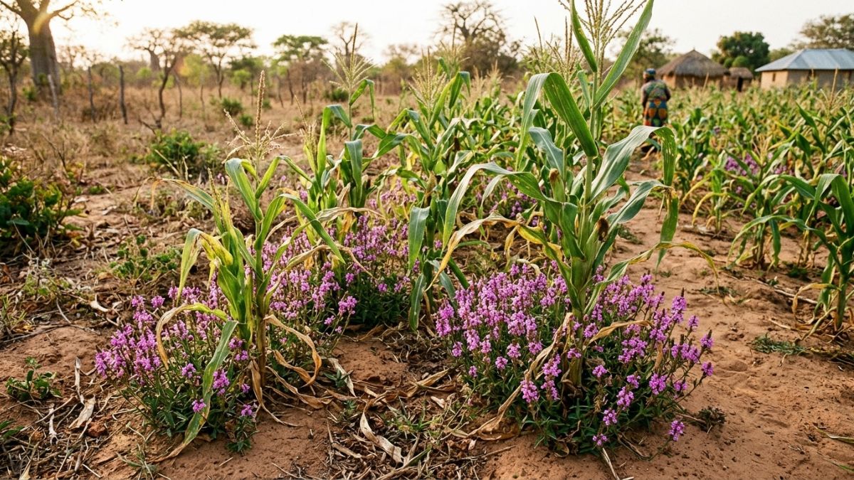 flores púrpuras de Striga num campo de milho, agricultora ao fundo a remover