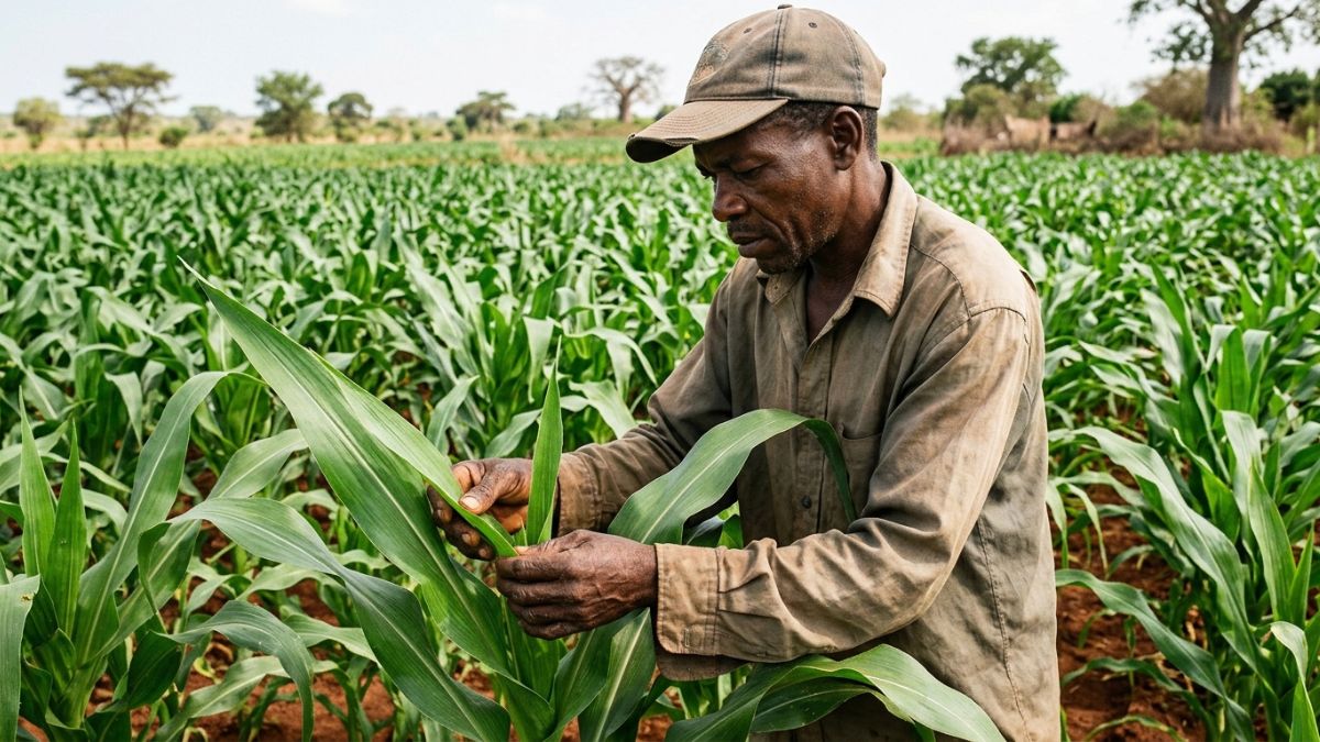 agricultor moçambicano realizando monitoria de pragas em uma machamba de milho, examinando cuidadosamente as folhas e o cartucho das plantas, observando sinais de lagartas e doenças, plantas de milho vigorosas ao redor,