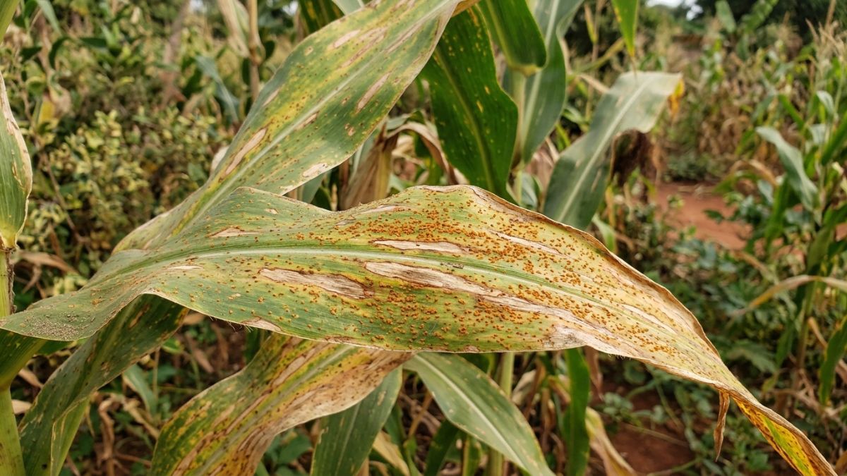 folhas de milho afectadas por doenças fúngicas, mostrando claramente manchas castanhas, lesões alongadas e pequenas pústulas alaranjadas típicas da ferrugem