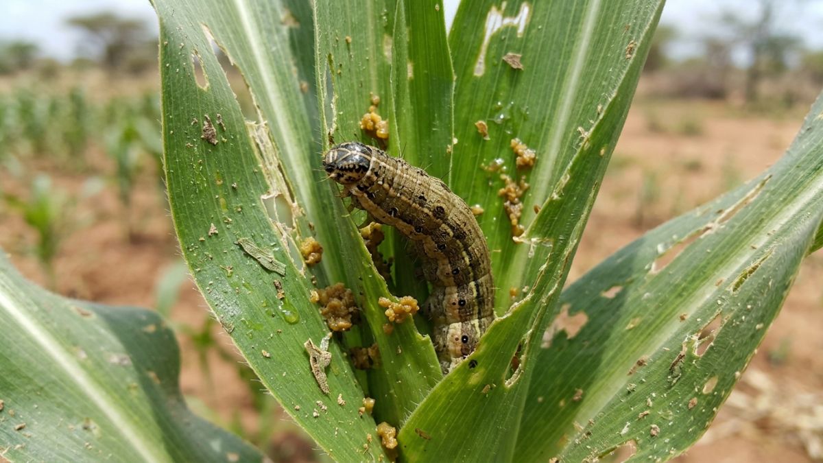 uma lagarta-do-cartucho (Spodoptera frugiperda) alimentando-se no cartucho de uma planta jovem de milho, folhas de milho apresentando pequenos furos e danos característicos