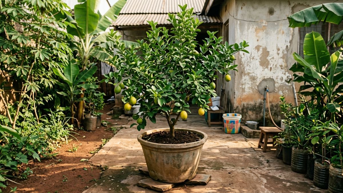 limoeiro plantado em vaso com frutos em fase de crescimento
