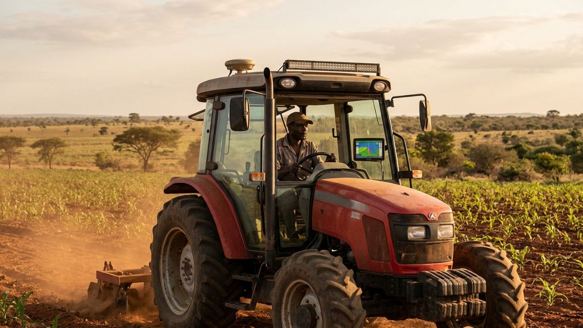 tractor com ecrã GPS e barra de luzes em campo a lavrar a terra.