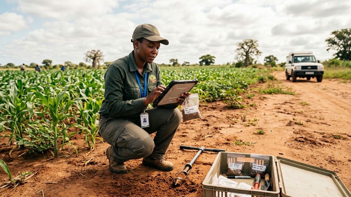 técnico agrícola com tablet a recolher amostras de solo
