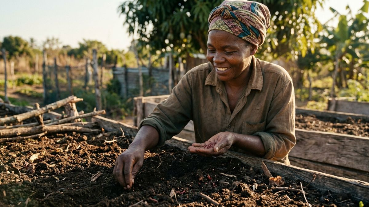 Agricultora a semear beterraba em canteiro alto