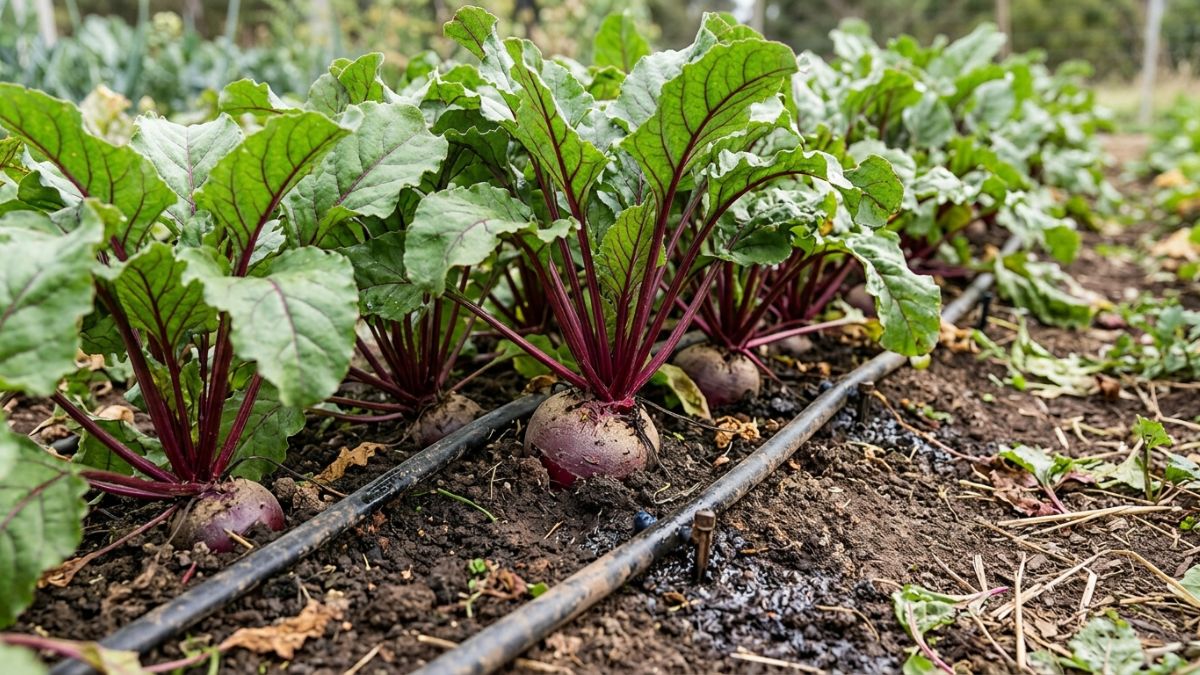 Canteiro de beterraba bem desenvolvido com plantas vigorosas em crescimento, sistema de gotejamento visível ao nível do solo, raízes começando a emergir ligeiramente à superfície